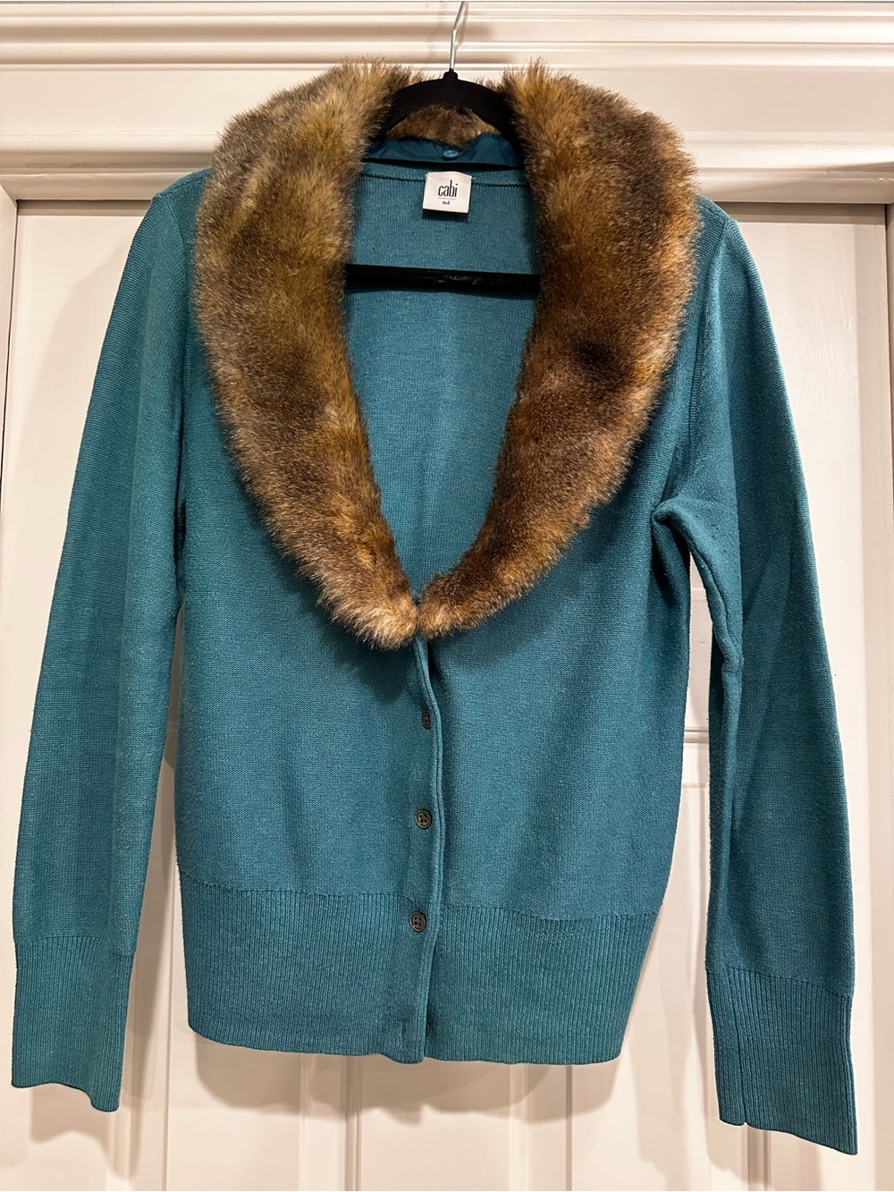 CAbi Teal Button-Front Cardigan with detachable Faux Fur Collar